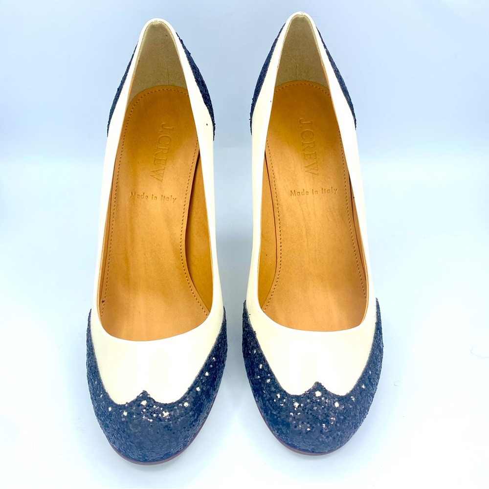 J Crew l Off White Black Glitter Vintage Style Heels